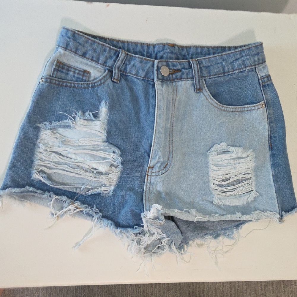 SHEIN Blue Distressed Jean Shorts with Frayed Hem